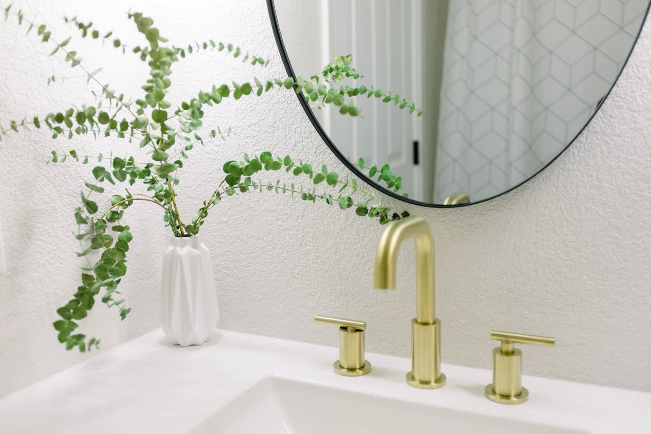 Modern,White,Bathroom,With,Gold,Faucet,And,Eucalyptus,Plant,On